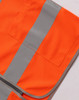 An orange high-visibility safety vest featuring grey reflective stripes and multiple utility pockets.
