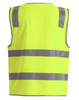 A high visibility safety zip vest in bright yellow with reflective grey stripes, featuring pockets for utility and ID.