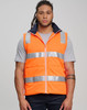Unisex hi vis hooded puffer vest in bright orange with reflective strips, featuring a zipped front and navy collar.