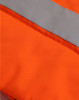 An orange hooded puffer vest with a grey reflective strip, featuring a logo.