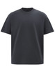 A black unisex heavy cotton oversized tee featuring a simple design and a round neckline. It has a logo on it.