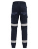 Cuffed work pants in navy with reflective tape and multiple pockets. Features an elastic waistband at the back.