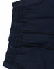 Navy cotton stretch drill cuffed work pants with elastic waistband and multiple pockets, featuring a logo.