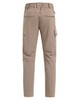 Flexi work pants in a light brown colour, featuring back and side pockets, with an elastic waistband.