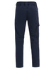 Navy blue water-repellent work pants featuring a flexible design and multiple pockets, with a branded logo.