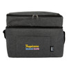 A drink bottle cooler bag in grey fabric with a zipped top and a front pocket. It features a logo.