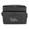 A grey insulated lunch bag with a front pocket and a logo featuring colourful text.