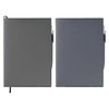 Two Mela Apple Leather refillable journals in grey and dark grey, each featuring a pen holder and a simple design.