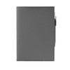A grey leather refillable journal with a pen holder and a subtle logo on the cover.