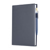 A grey leather refillable journal with a pen attached, featuring a smooth cover and blank pages inside.