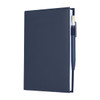 A navy blue refillable journal with a pen attached, featuring a smooth leather-like cover and plain pages inside.