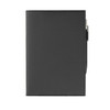 A black leather refillable journal with a sleek design and a silver pen holder on the side, featuring a logo.