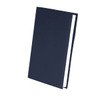 A navy blue leather refillable journal with a sleek design and a visible spine. It has a logo on the cover.
