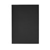 A black leather refillable journal with a smooth finish, featuring a simple design and a logo on the cover.
