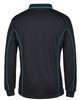A black long-sleeve polo shirt with blue piping, featuring a collar and a logo.