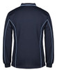 A navy long-sleeve polo shirt with light blue piping and a logo on the back.
