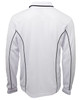 A white long-sleeve polo shirt featuring black piping along the seams and a logo on the chest.