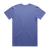 A blue T-shirt with a plain back, featuring a simple cut and design. It has a logo on the back.