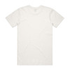 A plain white t-shirt with a crew neck and short sleeves, featuring a logo on the back.