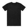 A plain black T-shirt with a round neck and short sleeves. It features a logo on the label.