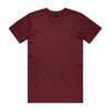 A maroon T-shirt with short sleeves and a round neckline, featuring a logo on the inside label.