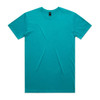 A teal T-shirt featuring a logo on the neckline, presented flat on a white background.