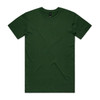 A green t-shirt with a crew neck and short sleeves, featuring a minimalistic design and a tag.