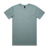 A light blue T-shirt with a crew neckline and a logo on the label. Flat lay design.