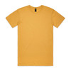A plain yellow t-shirt with short sleeves and a crew neckline, featuring a logo on the inner label.