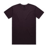 A dark purple T-shirt with a round neck and short sleeves, featuring a logo on the interior label.