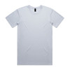 A light blue t-shirt with a round neckline and short sleeves, featuring a logo on the label.