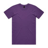 A purple T-shirt with short sleeves and a round neckline, featuring a logo on the inside label.