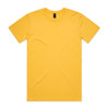 A plain yellow T-shirt with short sleeves and a round neckline, featuring a label in the neck area.