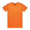 An orange T-shirt with a round neckline and short sleeves, featuring a logo on the label.