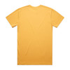 A plain yellow t-shirt with a standard crew neckline and short sleeves, featuring a logo on the back.