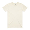A plain cream-coloured T-shirt featuring short sleeves and a round neckline, with a logo on the label.