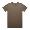 A brown t-shirt with a round neckline and short sleeves, featuring a label inside.
