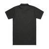 A black polo shirt featuring a collar and short sleeves, with a plain back and a logo.
