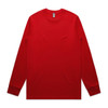 A long-sleeve red t-shirt with a plain design and a logo on the neckline.