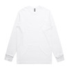 A white long-sleeve T-shirt with a simple design and a logo on the neckline.