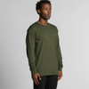 A long-sleeve T-shirt in olive green, featuring a simple design and a logo on the chest.