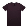 A plain dark purple t-shirt with a crew neckline and short sleeves, featuring a logo at the label.