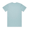 A light blue t-shirt with a crew neck and short sleeves, featuring a logo on the back.