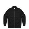 A black bomber jacket with a zip front and ribbed collar and cuffs, featuring a logo.