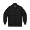 A black bomber jacket with a zip front and ribbed collar and cuffs, featuring a logo on the back.