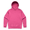 A pink hoodie with a front pocket and a drawstring hood. It features a logo on one side.