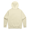 A beige hoodie with a large hood and long sleeves, featuring a plain back design and a small logo.
