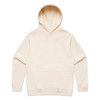 A cream-coloured hoodie featuring a front pocket and a hood. The hoodie includes a logo.