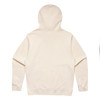 A beige hoodie with a kangaroo pocket and a hood, featuring a branding logo.