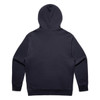 A navy blue hoodie featuring a large hood and long sleeves, with a plain back and logo.